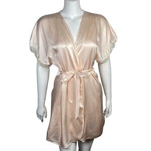 Vintage Lindsey Blake Short Satin Robe Nightgown Set Size M Lace Trim Pale Pink